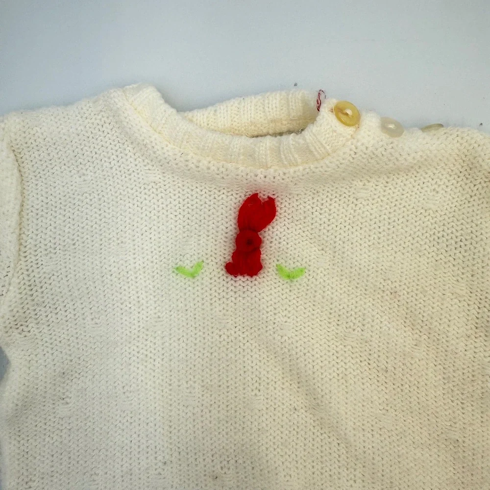 Vintage Handknit Bunny Sweater – Cream Knit, 6–12M, Mid-Century‎ Charm